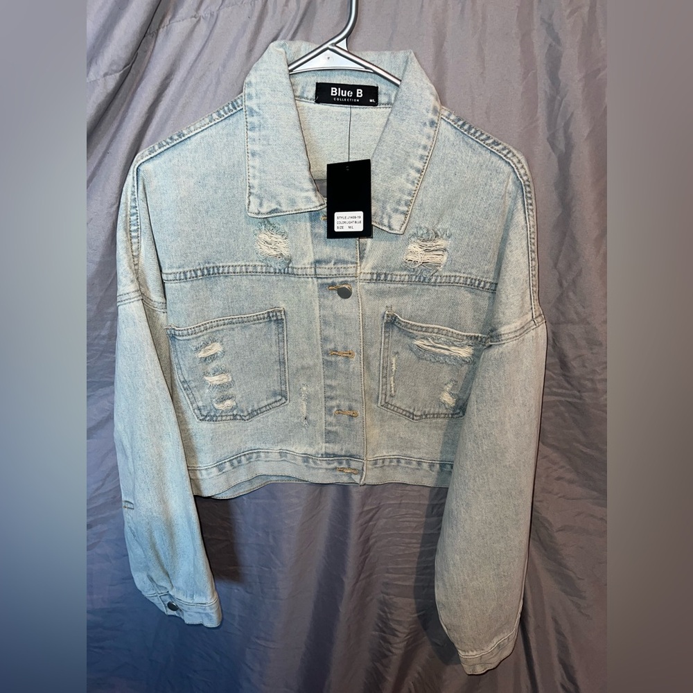 Blue B Distressed Denim Jacket with Fringe Size M/L